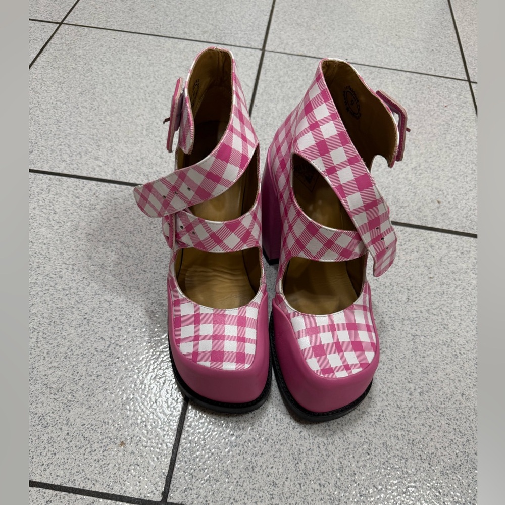 John Fluevog Pink and White Checkered Heels